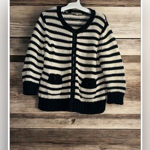 LOFT Women's Black and Cream Striped Cardigan